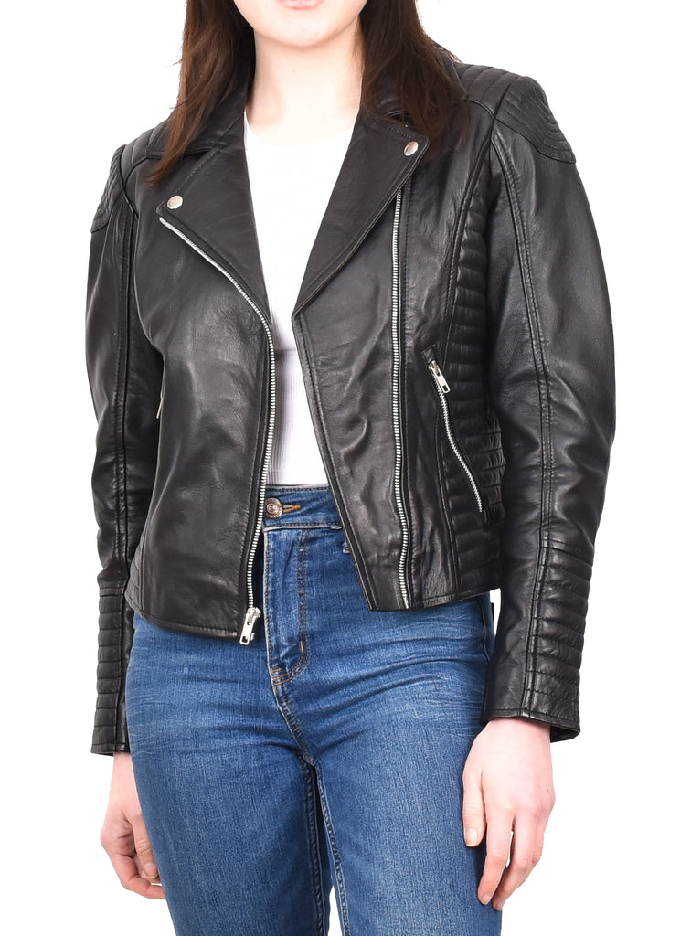 DR206 Women's Soft Leather Cross Zip Biker Jacket Black 10