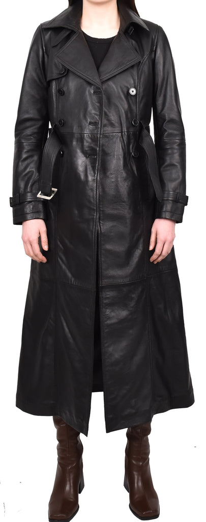 DR242 Women's Leather Full Length Trench Coat Black 9