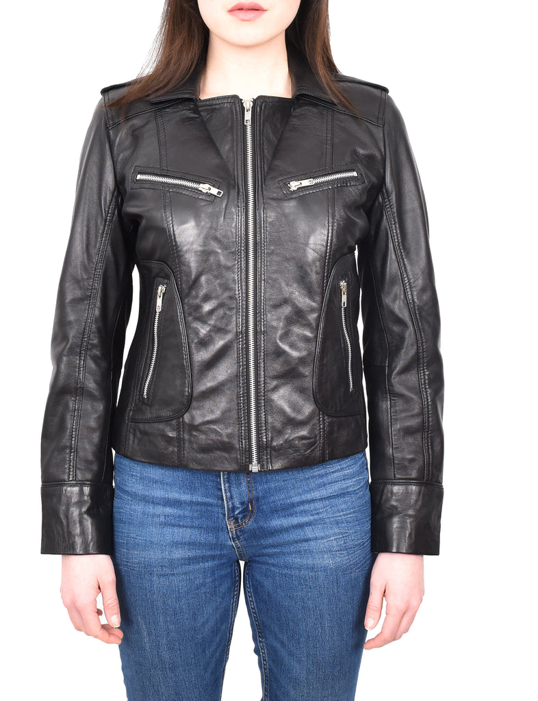 DR194 Women's Casual Leather Biker Jacket Short Black 11