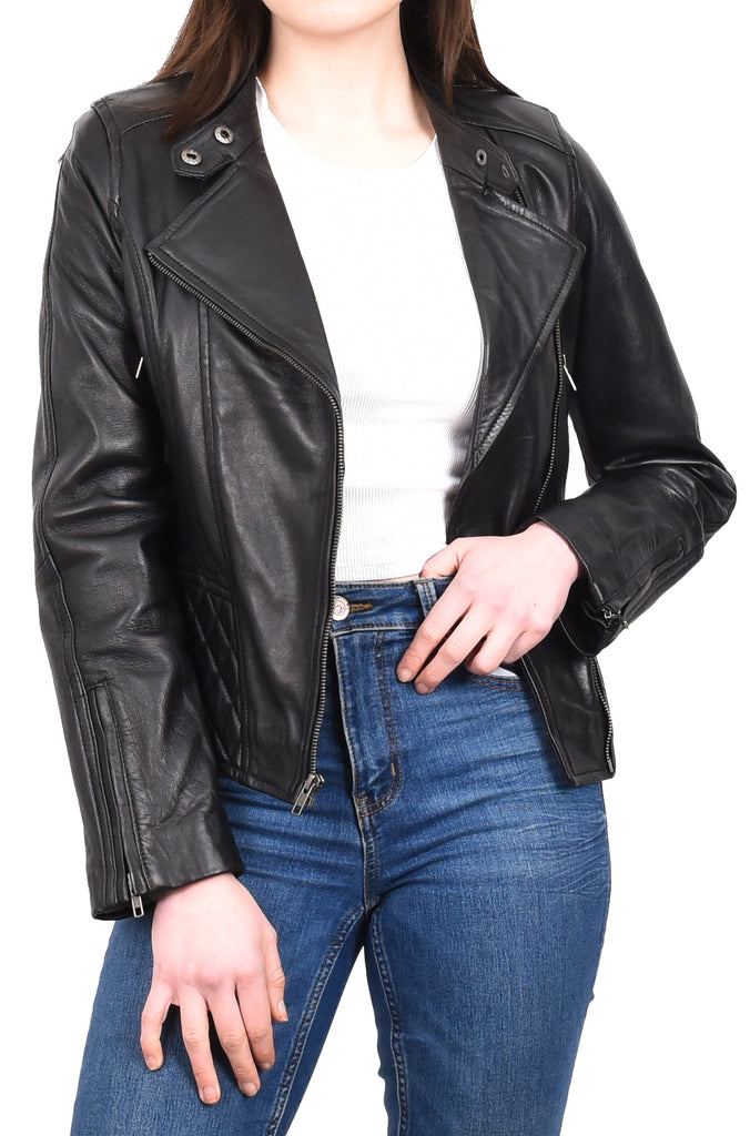 DR233 Women's Biker Leather Jacket Quilted Design Black 11