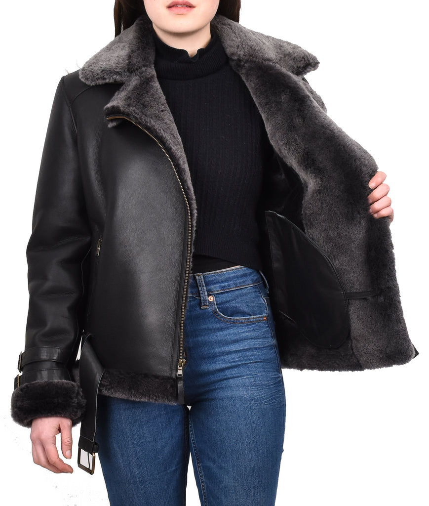 DR251 Women's Sheepskin Italian Classic Look Leather Jacket Black 12