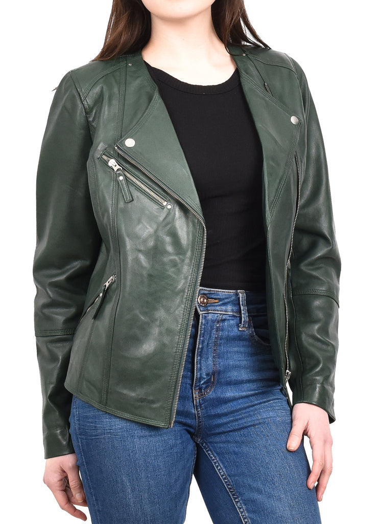 DR572 Women's Casual Cross Zip Leather Jacket Green 10