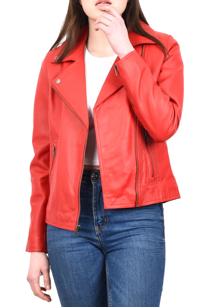 DR216 Women's Casual Smart Biker Leather Jacket Red 10