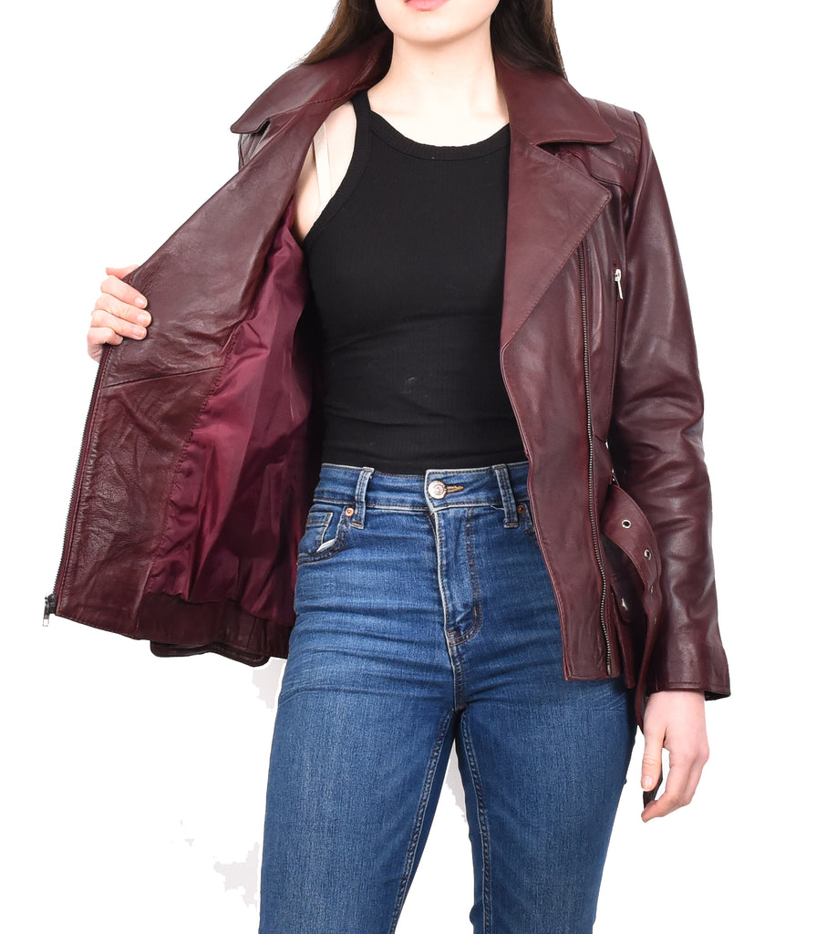 DR205 Women’s Slim Fit Cut Hip Length Biker Leather Jacket Burgundy 13