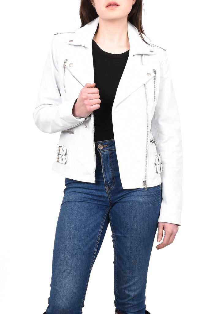 DR195 Women’s Trendy Biker Leather Jacket White Vintage 12