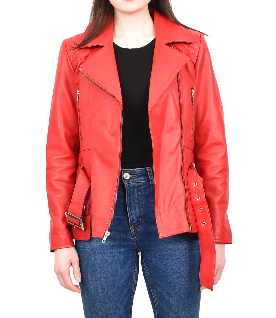 DR205 Women’s Slim Fit Cut Hip Length Biker Leather Jacket Red 11