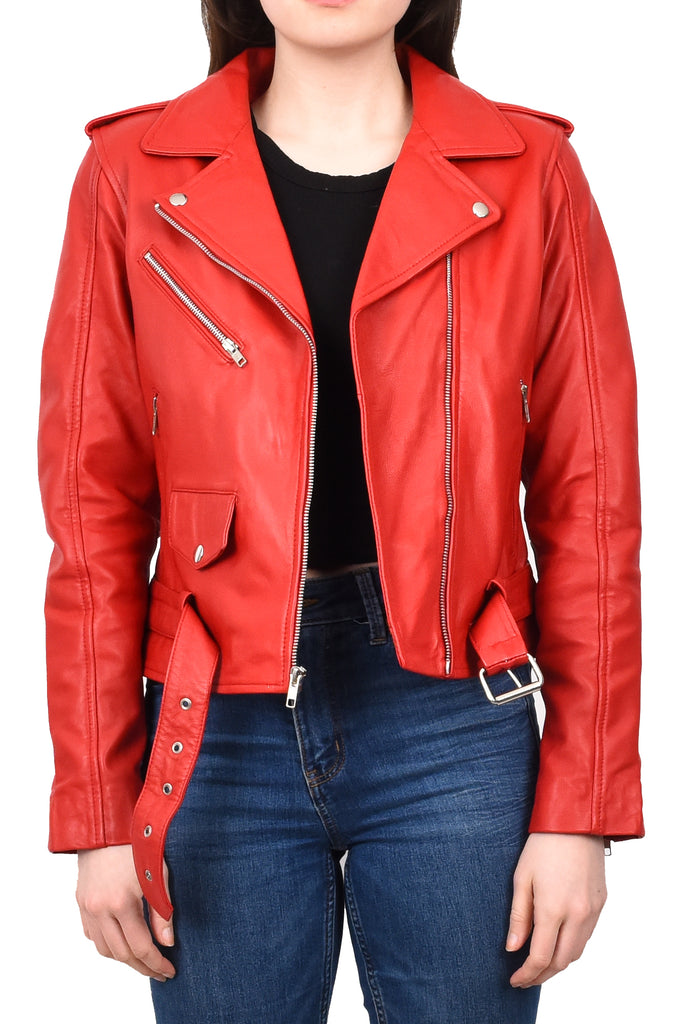 DR199 Women's Hard Ride Biker Style Leather Jacket Red 13