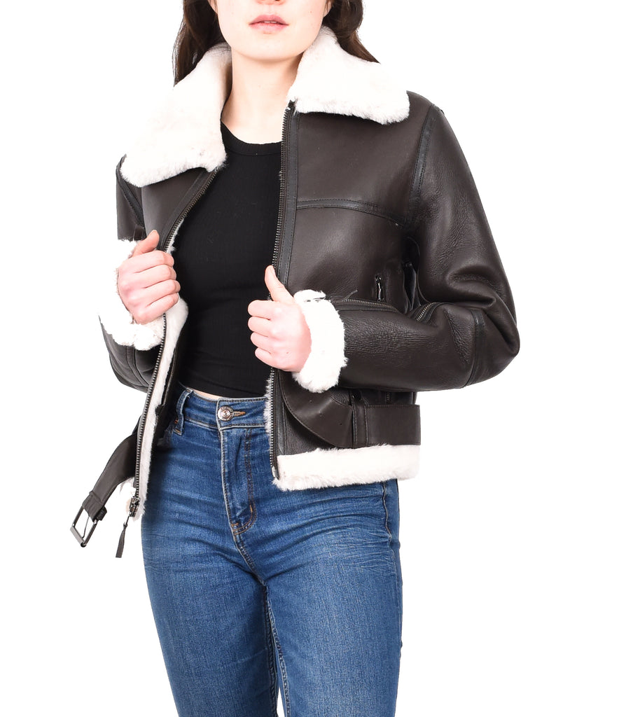 DR228 Women's Retro Sheepskin Leather Jacket Short Brown 13