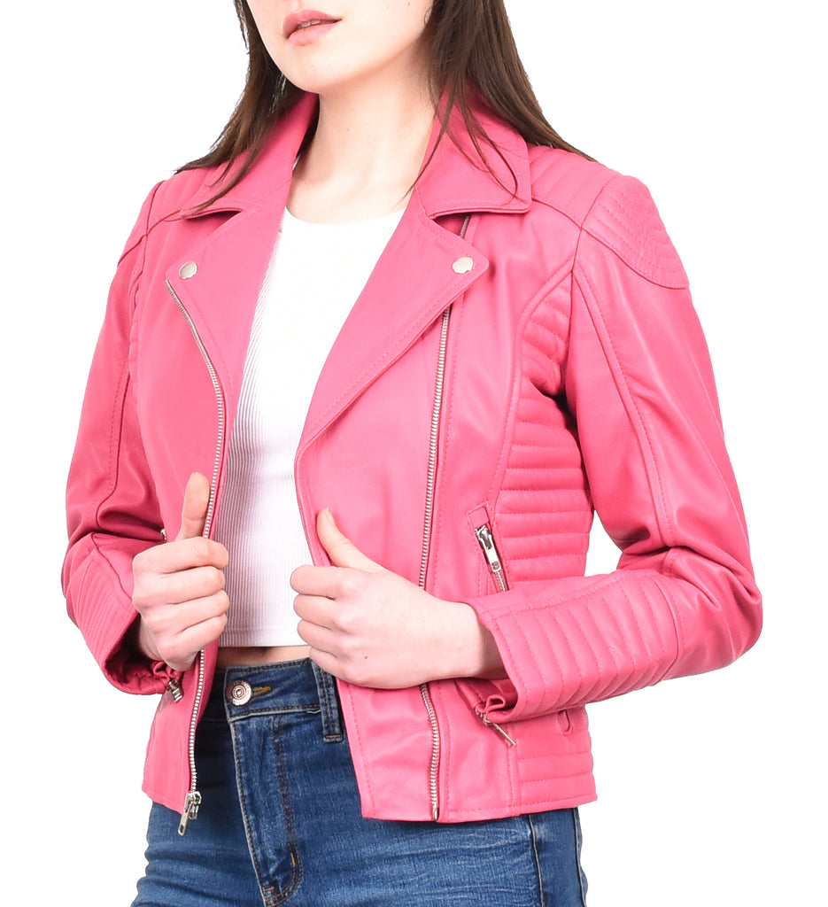 DR206 Women's Soft Leather Cross Zip Biker Jacket Pink 11