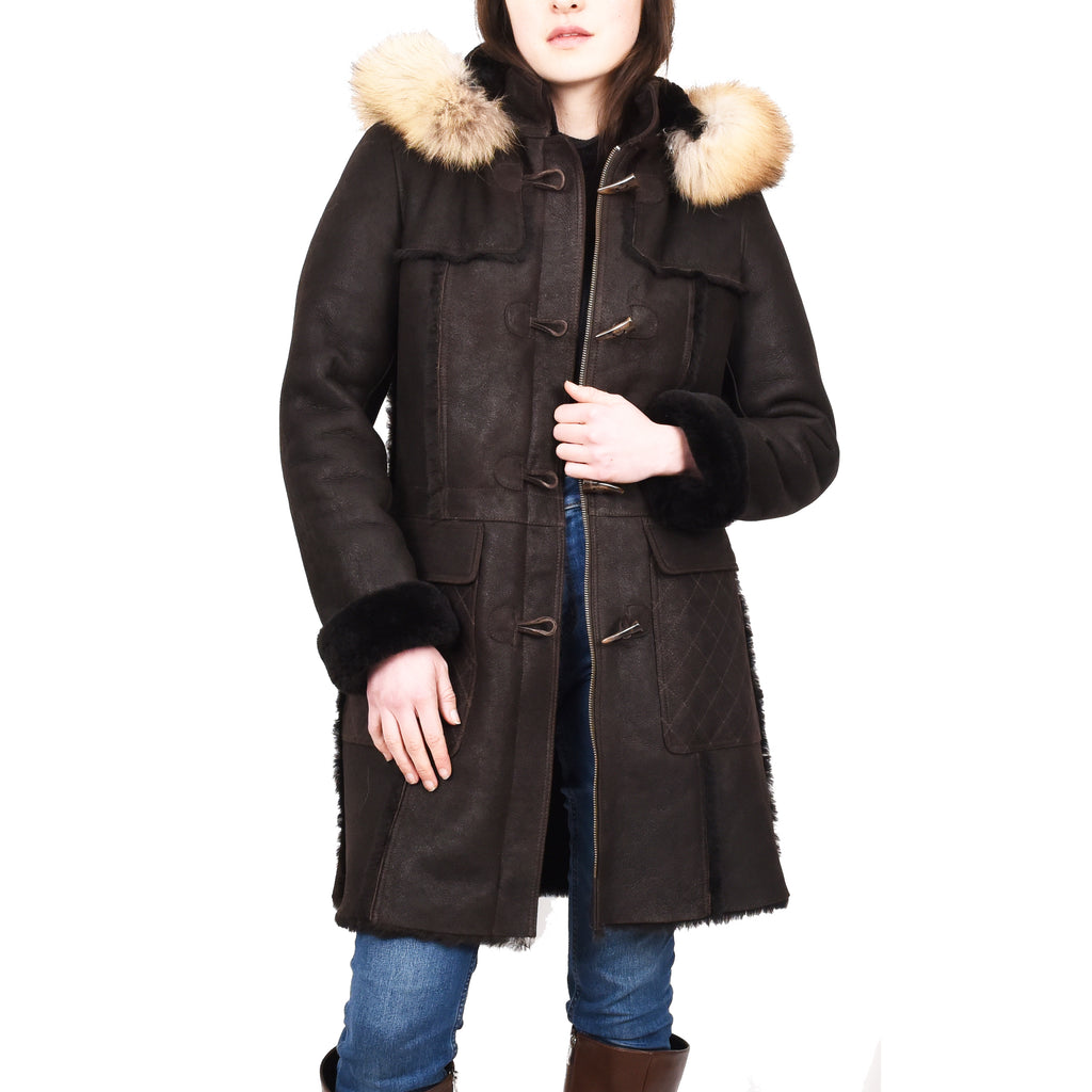 Women's Real Shearling Sheepskin Italian Classic Coat Brown Birna 9