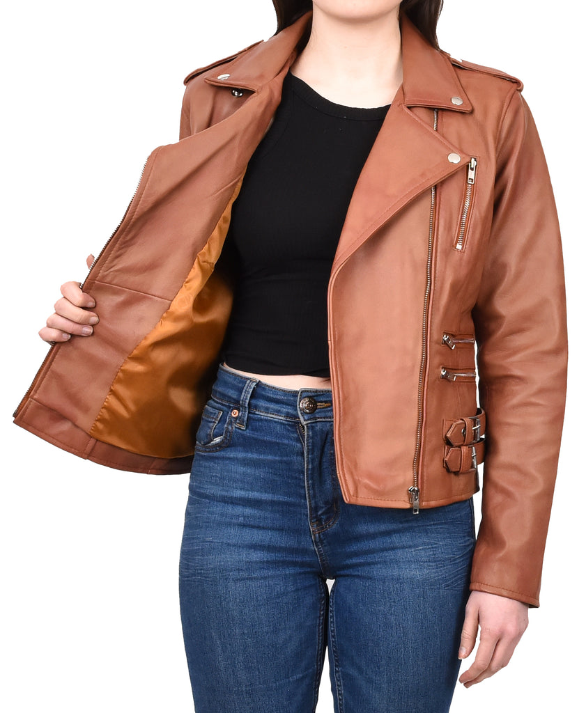 DR195 Women’s Trendy Biker Leather Jacket Cognac 12