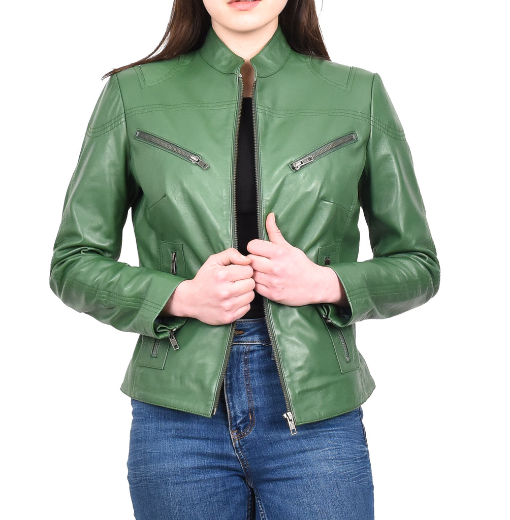 DR200 Ladies Classic Casual Biker Leather Jacket Green 11