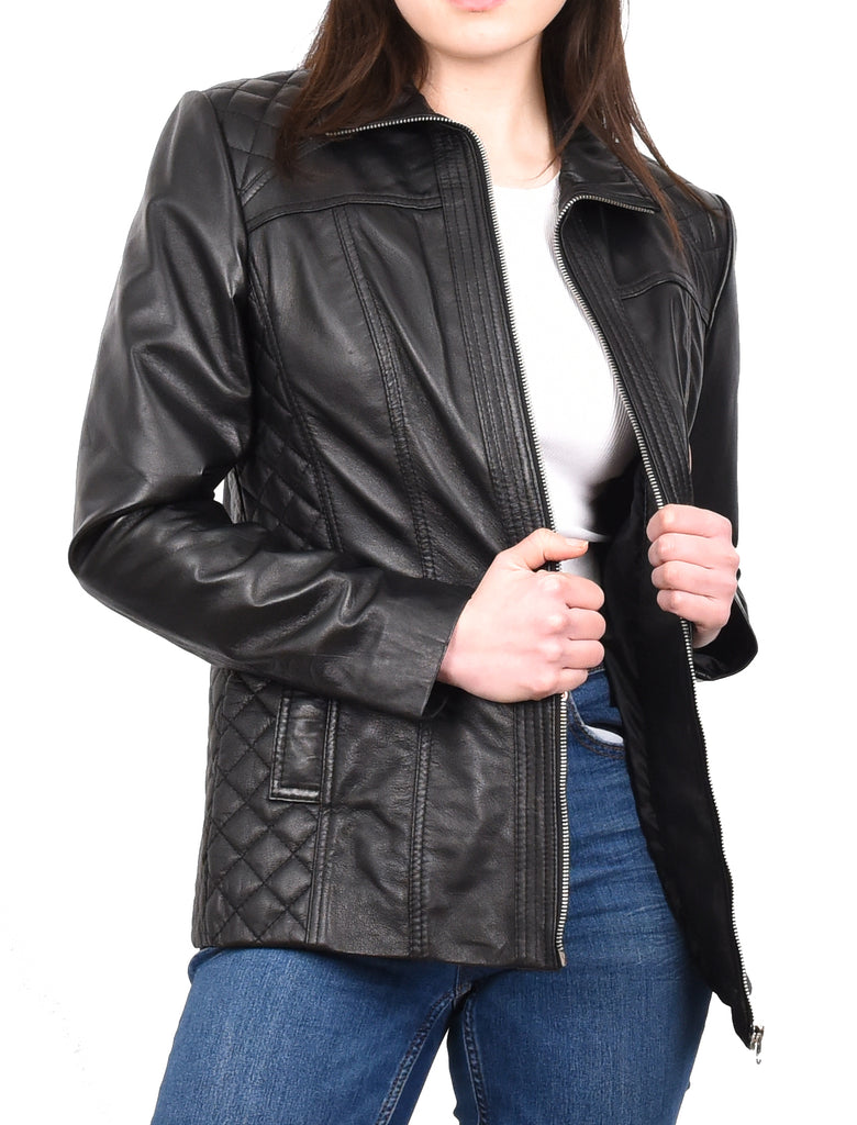 DR564 Women's Genuine Leather Jacket Zip Quilted Black 11