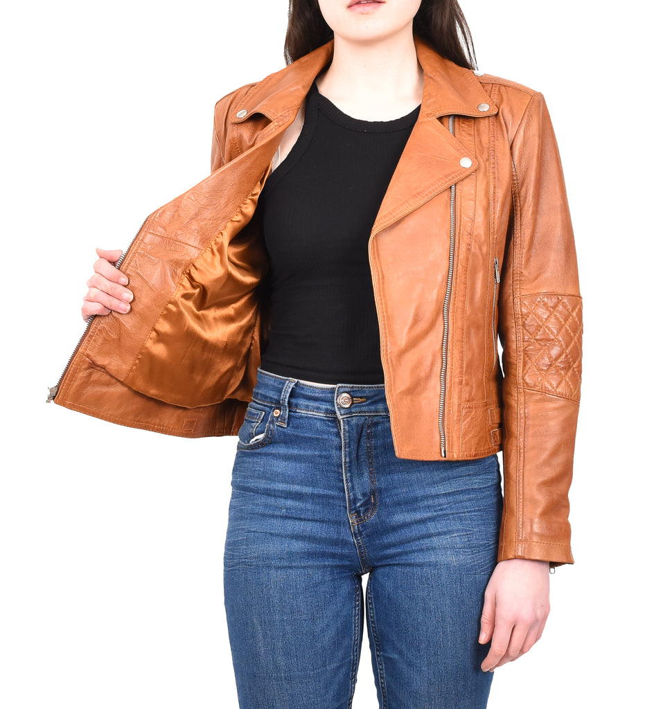 DR207 Women's Real Leather Biker Cross Zip Jacket Tan 6