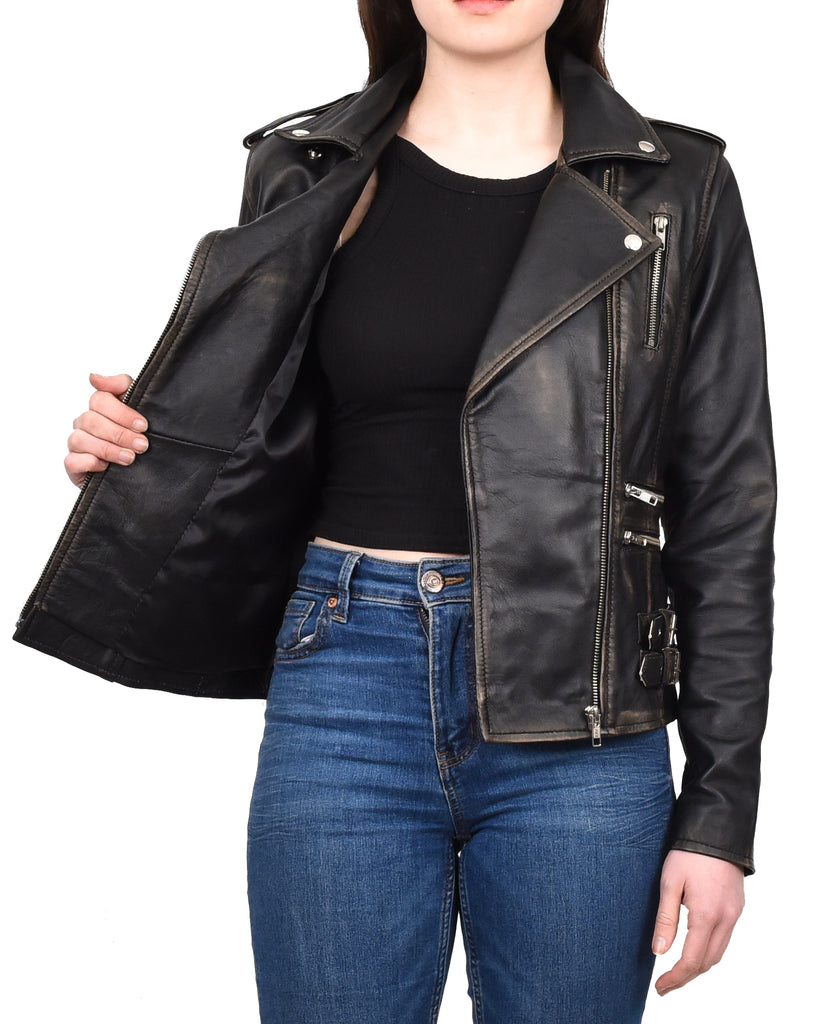 DR195 Women’s Trendy Biker Leather Jacket Rub off 13