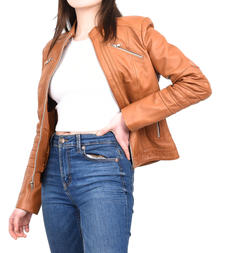 DR222 Women's Casual Biker Leather Jacket Tan 10