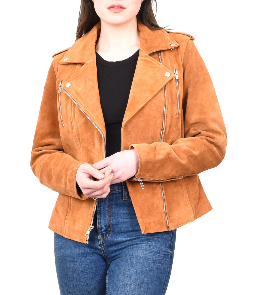 DR217 Women's Hardrock Biker Chich Leather Jacket Tan 11