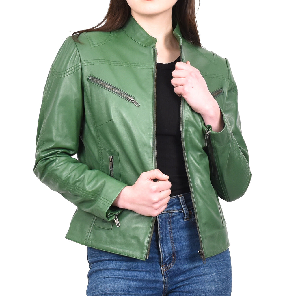 DR200 Ladies Classic Casual Biker Leather Jacket Green 12