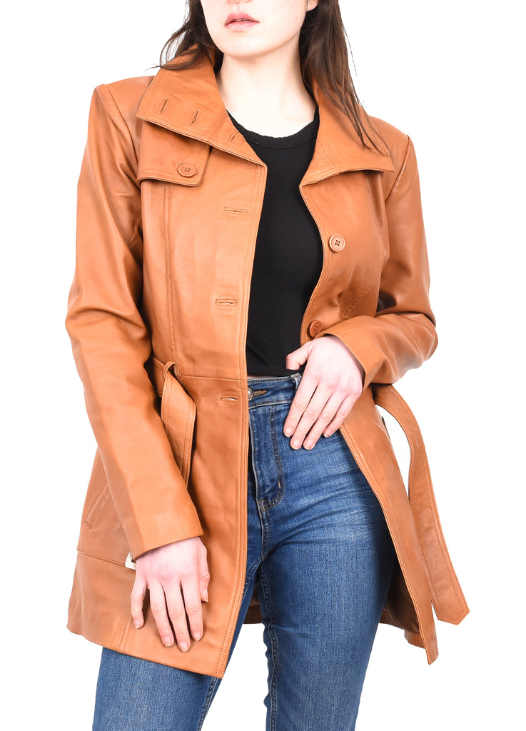 DR219 Women's Smart Winter Leather Coat Tan 14