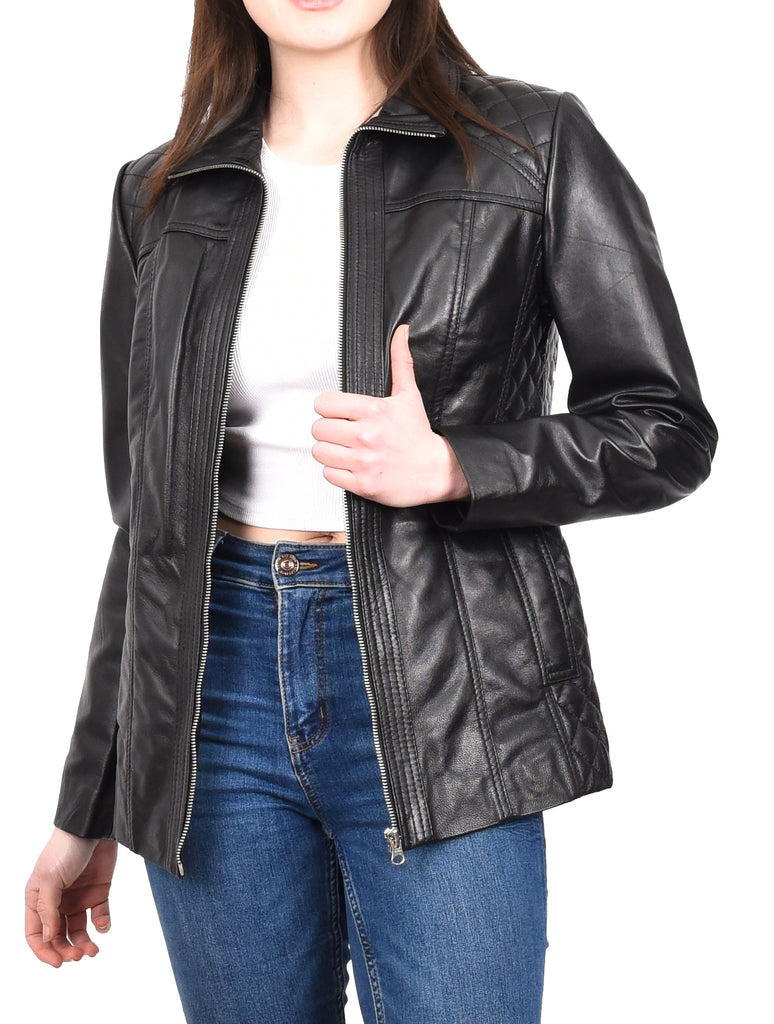 DR564 Women's Genuine Leather Jacket Zip Quilted Black 12