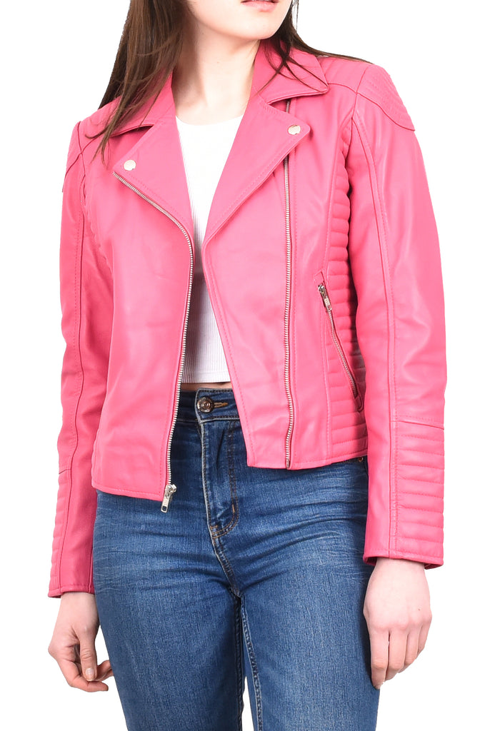 DR206 Women's Soft Leather Cross Zip Biker Jacket Pink 10