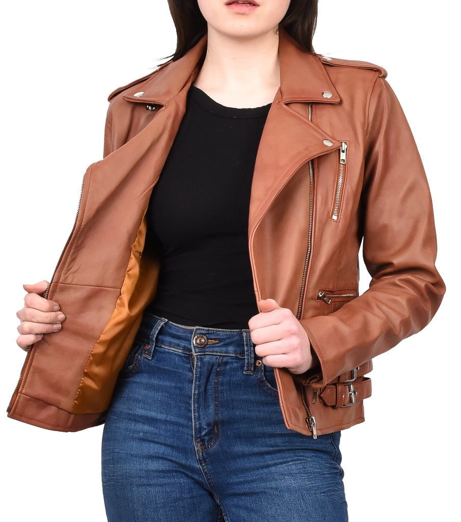 DR195 Women’s Trendy Biker Leather Jacket Cognac 11