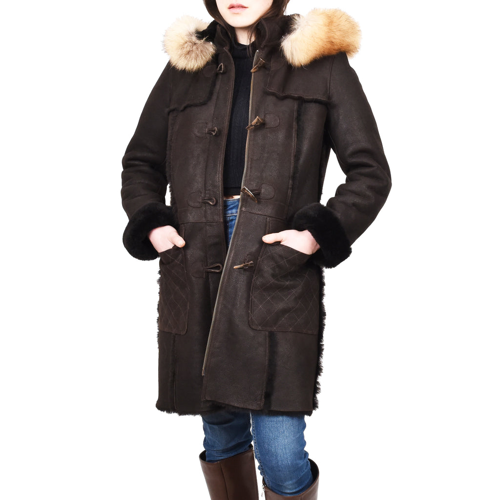 Women's Real Shearling Sheepskin Italian Classic Coat Brown Birna 10