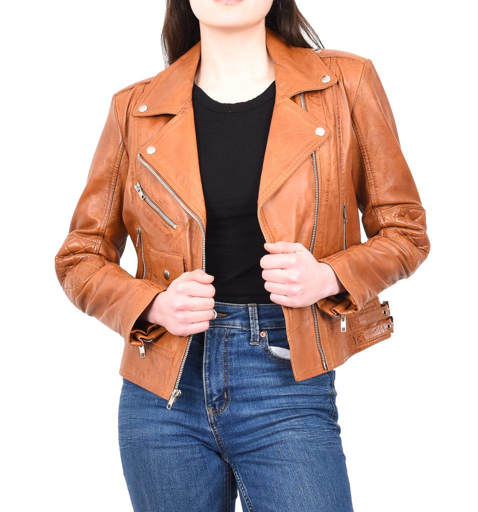 DR207 Women's Real Leather Biker Cross Zip Jacket Tan 14