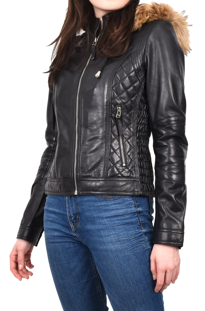 DR261 Women's Detachable Hoodie Biker Leather Jacket Black 12