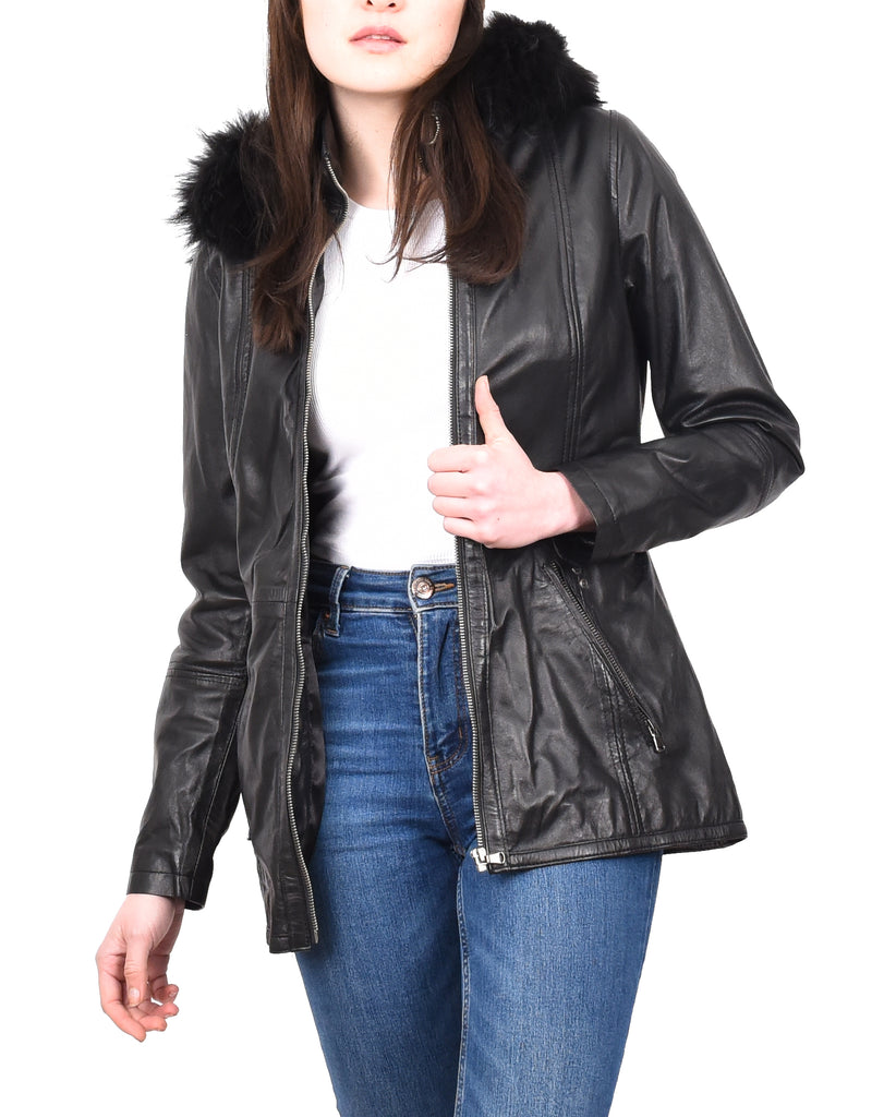 DR260 Women’s Black Leather Duffle Parka Jacket with Removable Hood 13