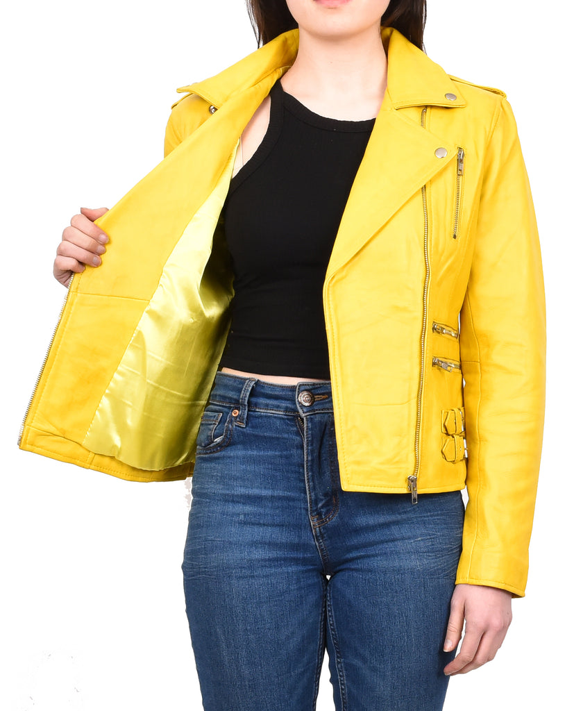 DR195 Women’s Trendy Biker Leather Jacket Yellow Vintage 13