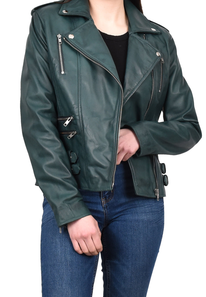 DR195 Women’s Trendy Biker Leather Jacket Teal 11