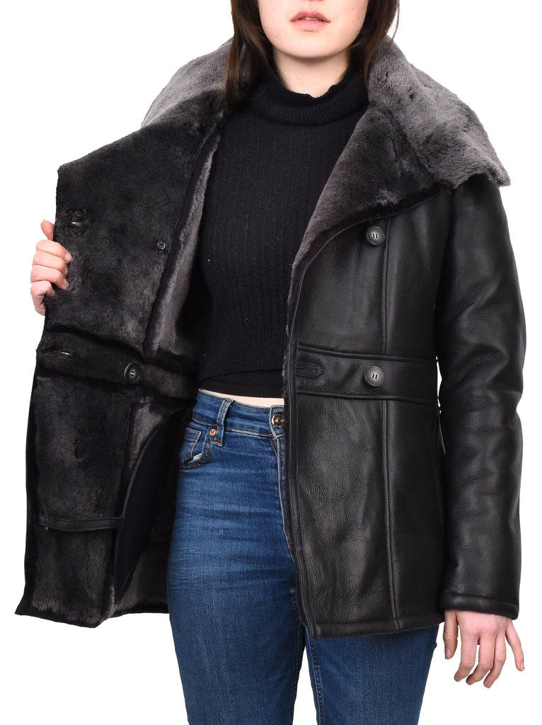 DR596 Women's Soft Sheepskin Double Breasted Fur Collar Coat Black 12