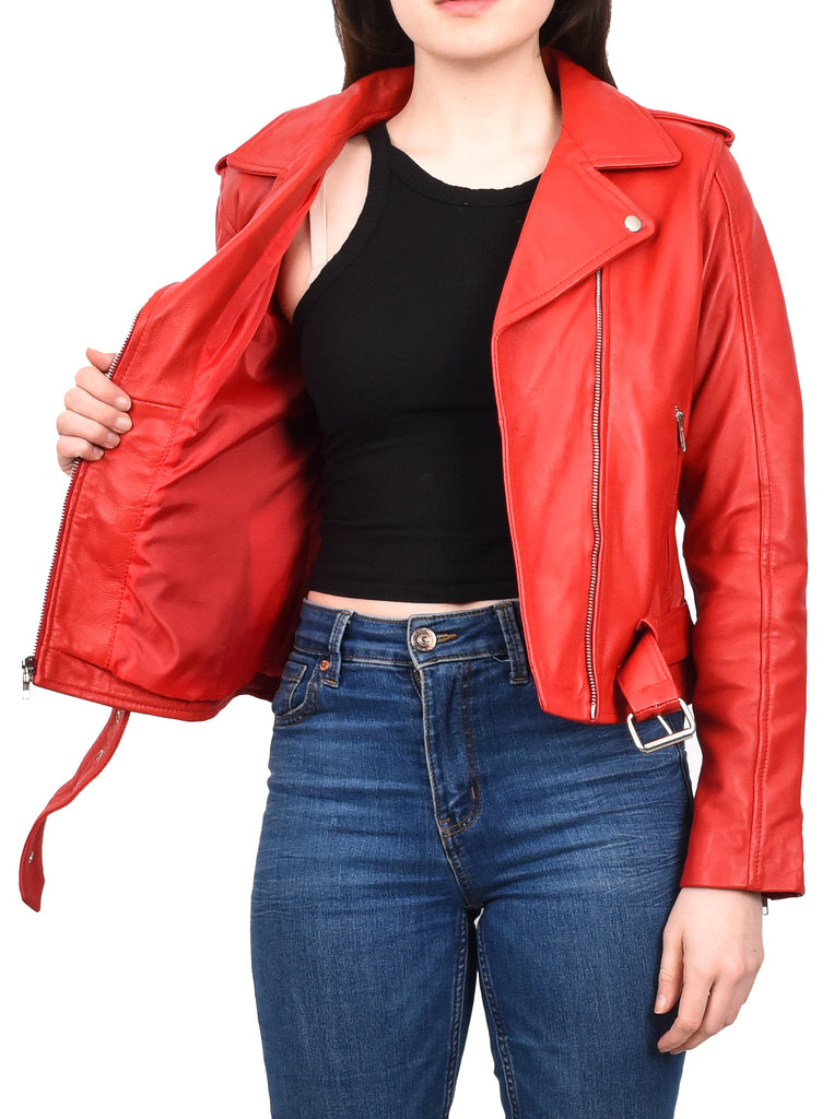 DR199 Women's Hard Ride Biker Style Leather Jacket Red 6