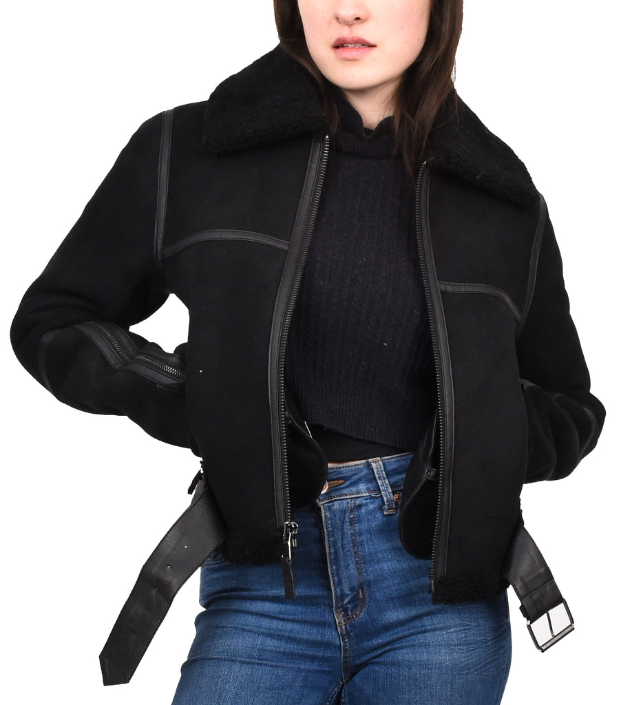 DR228 Women's Retro Sheepskin Leather Jacket Short Black 11