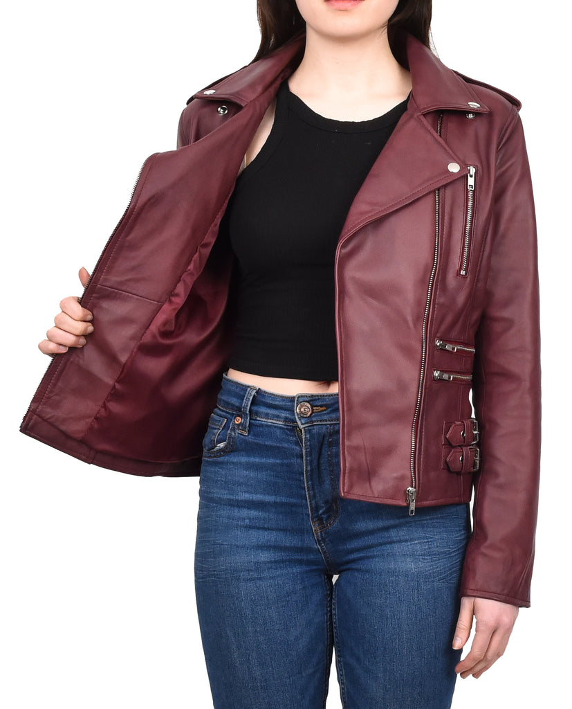 DR195 Women’s Trendy Biker Leather Jacket Burgundy 14
