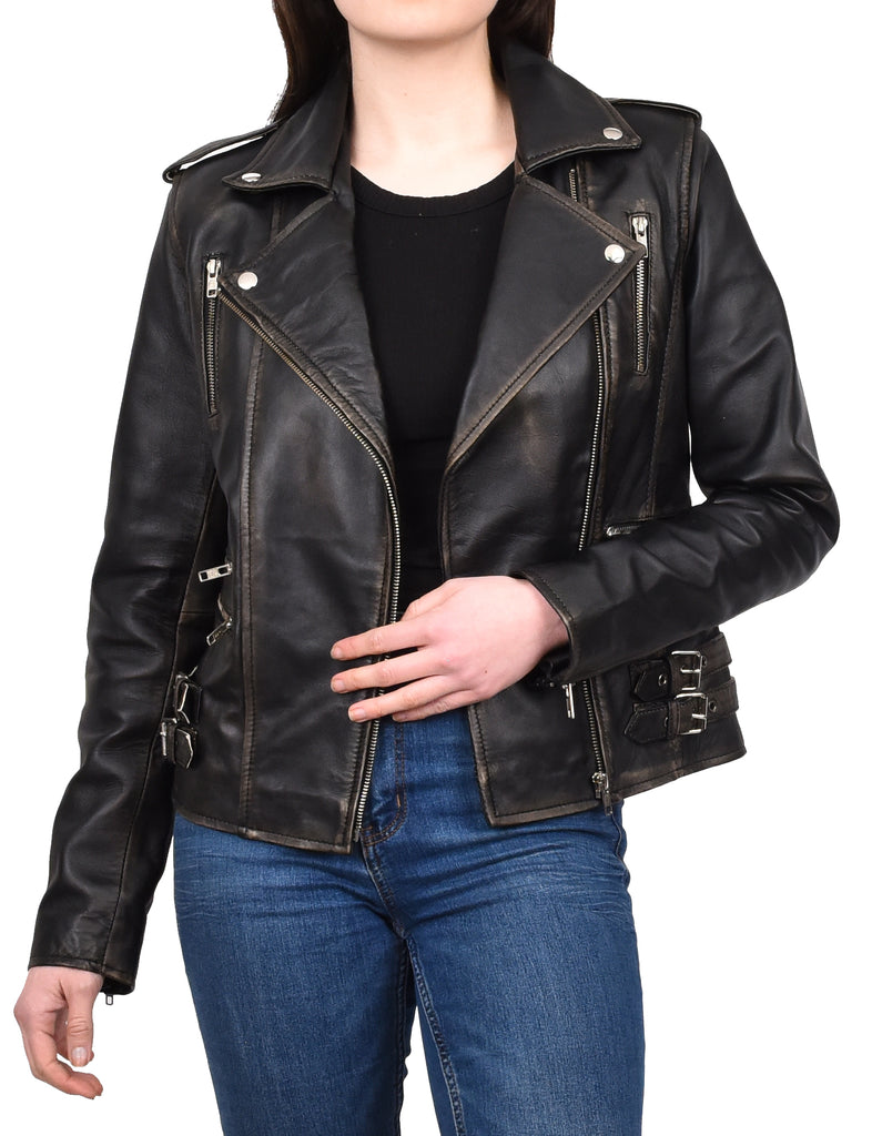 DR195 Women’s Trendy Biker Leather Jacket Rub off 11