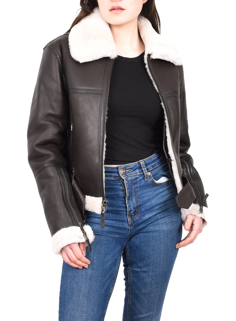 DR228 Women's Retro Sheepskin Leather Jacket Short Brown 14