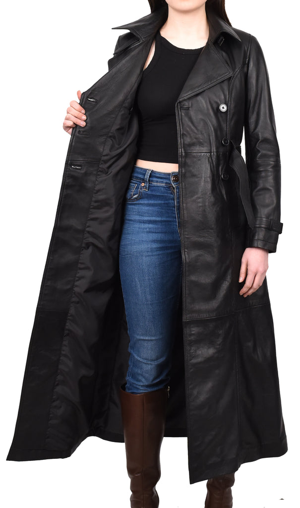 DR242 Women's Leather Full Length Trench Coat Black 11