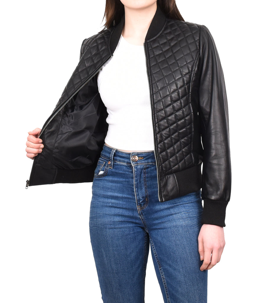 DR211 Women's Quilted Retro 70s 80s Bomber Jacket Black 11