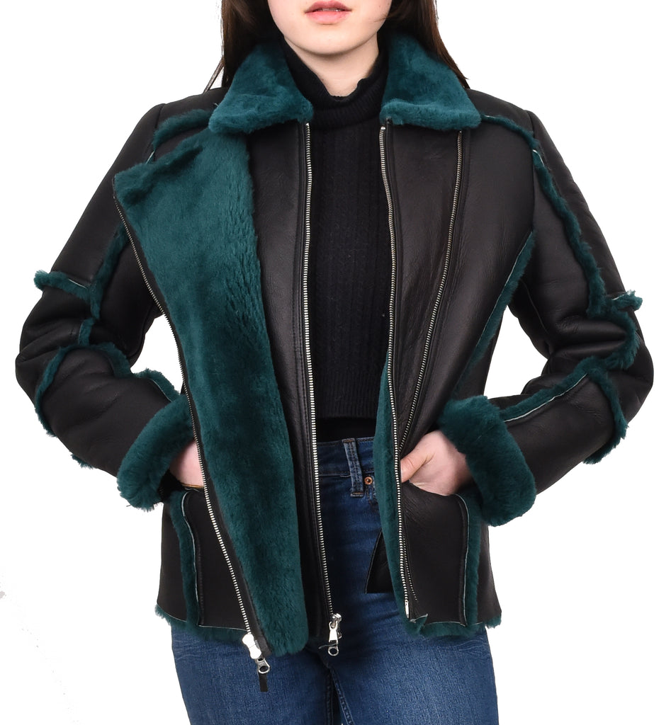 DR532 Women's Aviator Pilot Sheepskin Jacket Black 10