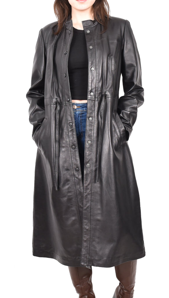 DR240 Women's Real Leather Slim Fit Trench Overcoat Black 14