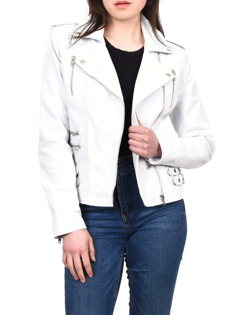 DR195 Women’s Trendy Biker Leather Jacket White Vintage 13