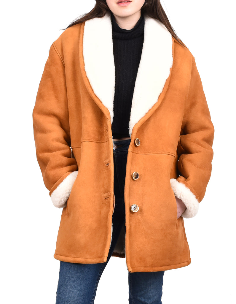 DR595 Women's Soft Sheepskin Mid Length Coat With Fur Collar Cognac 14