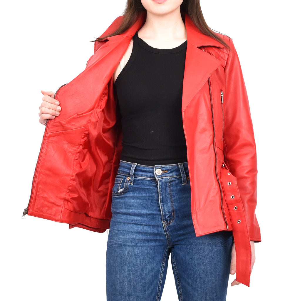 DR205 Women’s Slim Fit Cut Hip Length Biker Leather Jacket Red 12