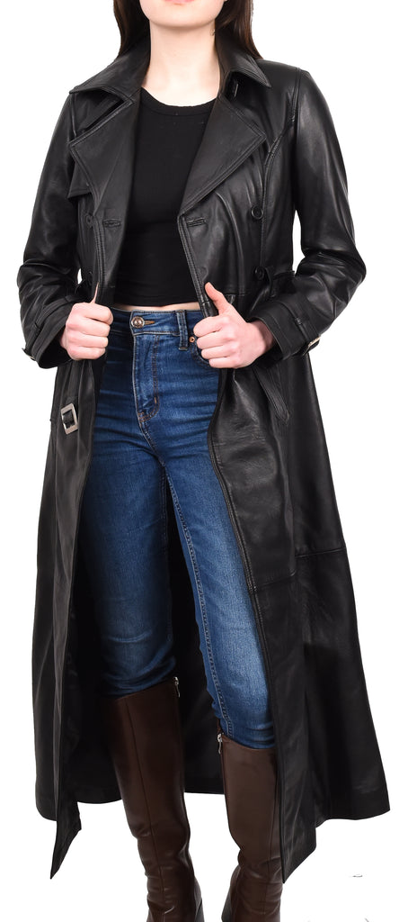 DR242 Women's Leather Full Length Trench Coat Black 10