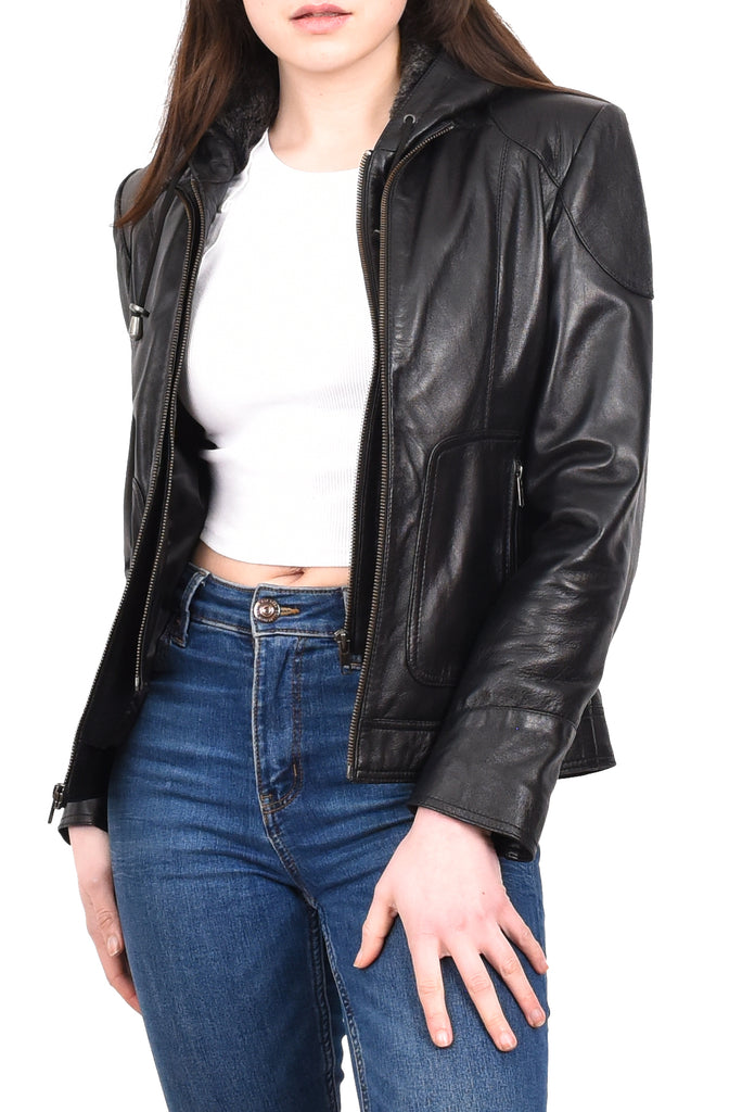 DR266 Women’s Black Leather Biker Style Jacket With Removable Hood 10