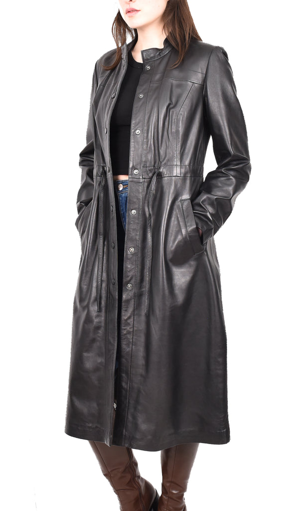 DR240 Women's Real Leather Slim Fit Trench Overcoat Black 15