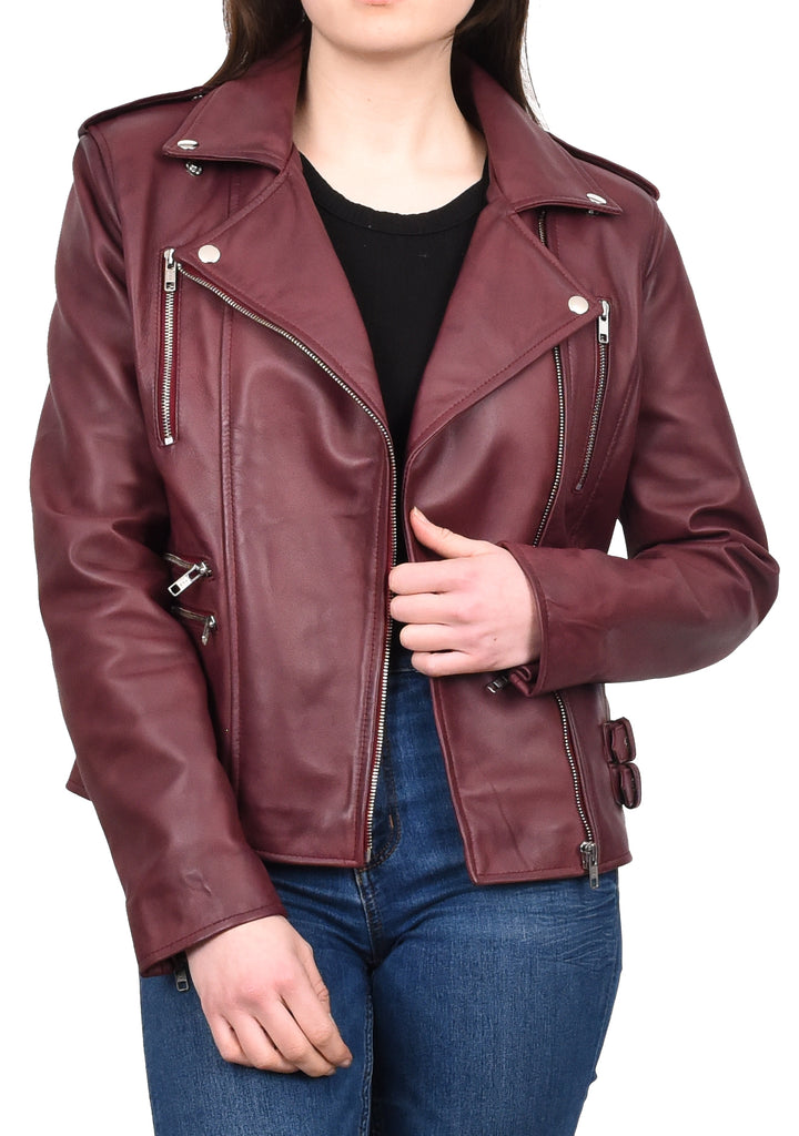 DR195 Women’s Trendy Biker Leather Jacket Burgundy 11
