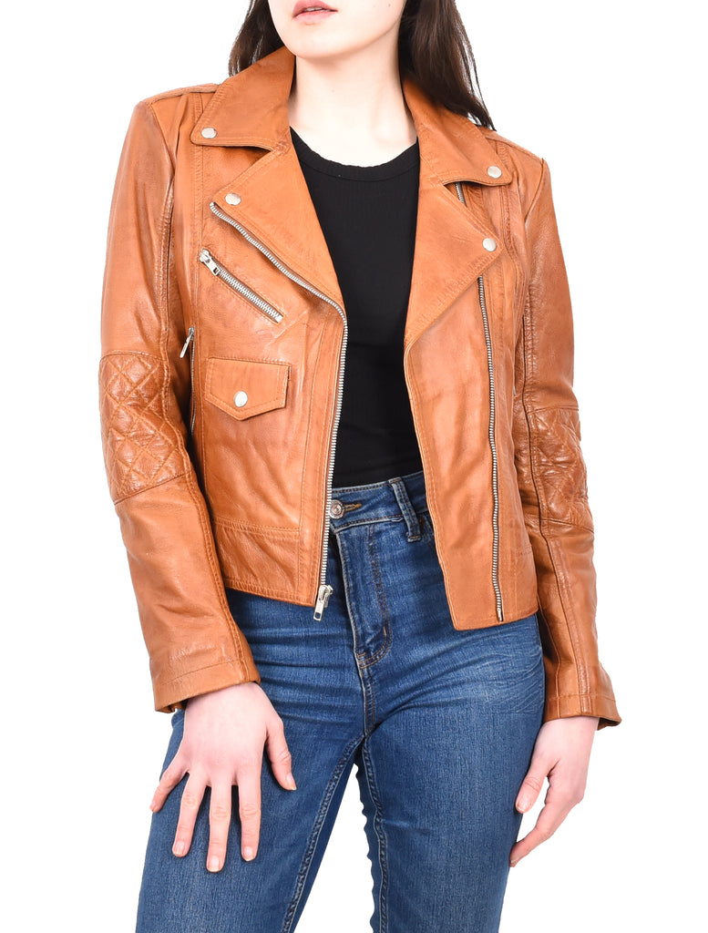 DR207 Women's Real Leather Biker Cross Zip Jacket Tan 15